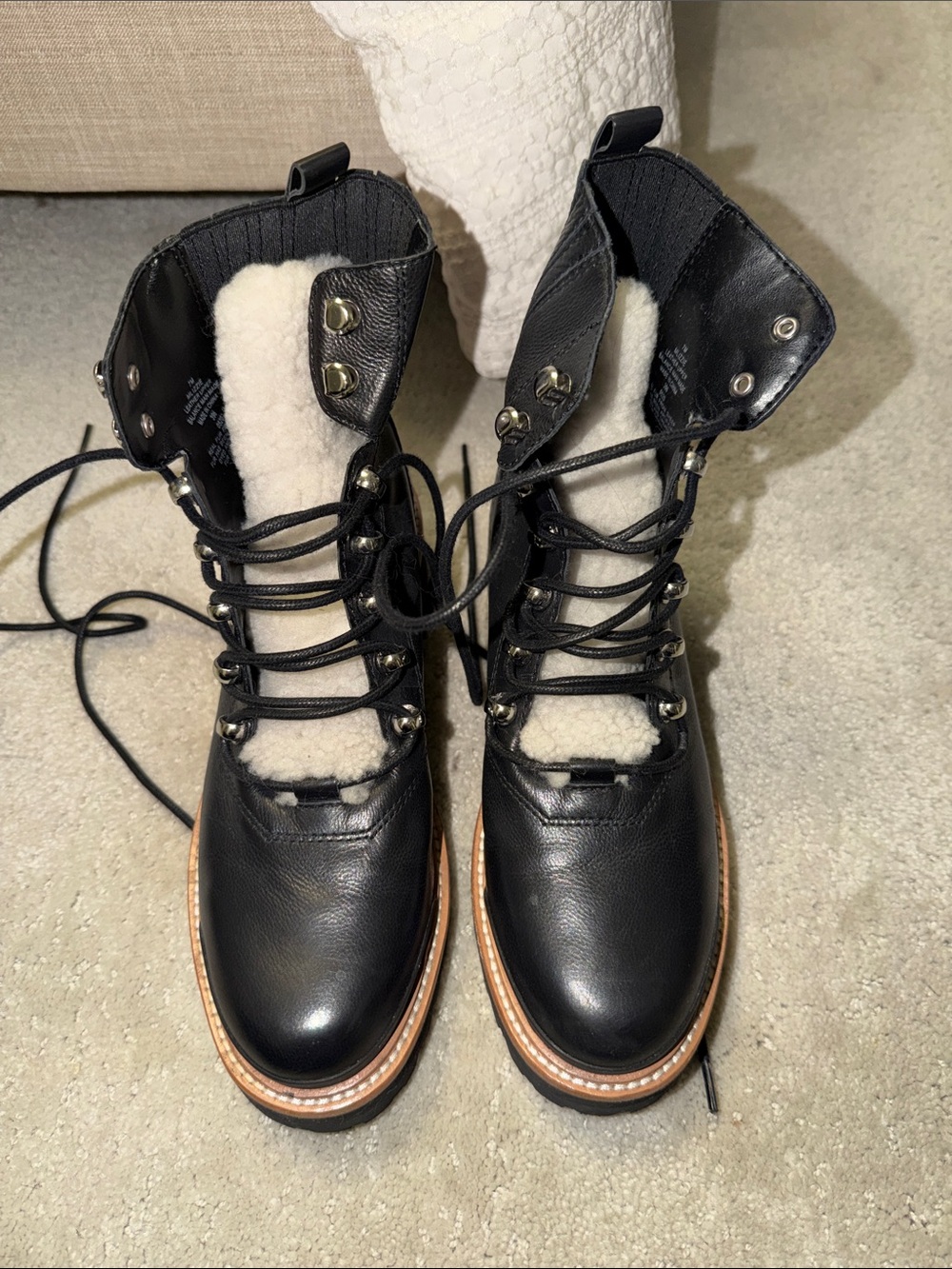 Marc Fisher Lizzie Black Lace-Up Shearling Combat Boots - Women